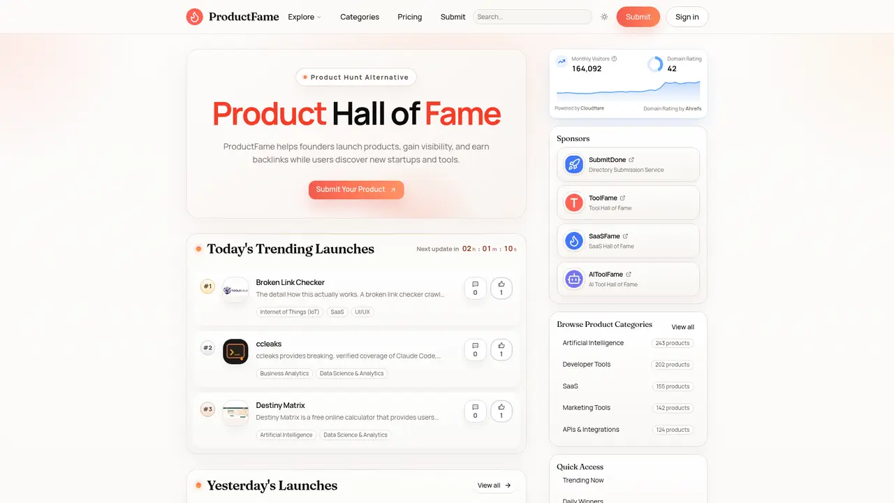 ProductFame homepage screenshot