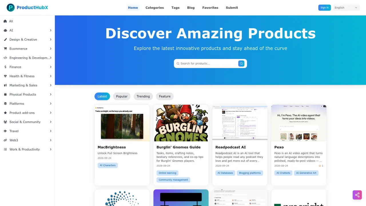 ProductHubX homepage screenshot