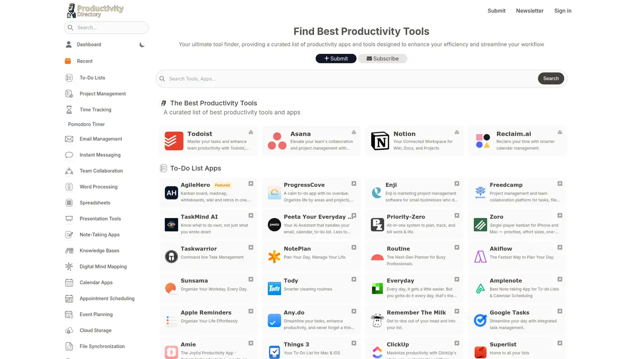 Productivity Directory homepage screenshot