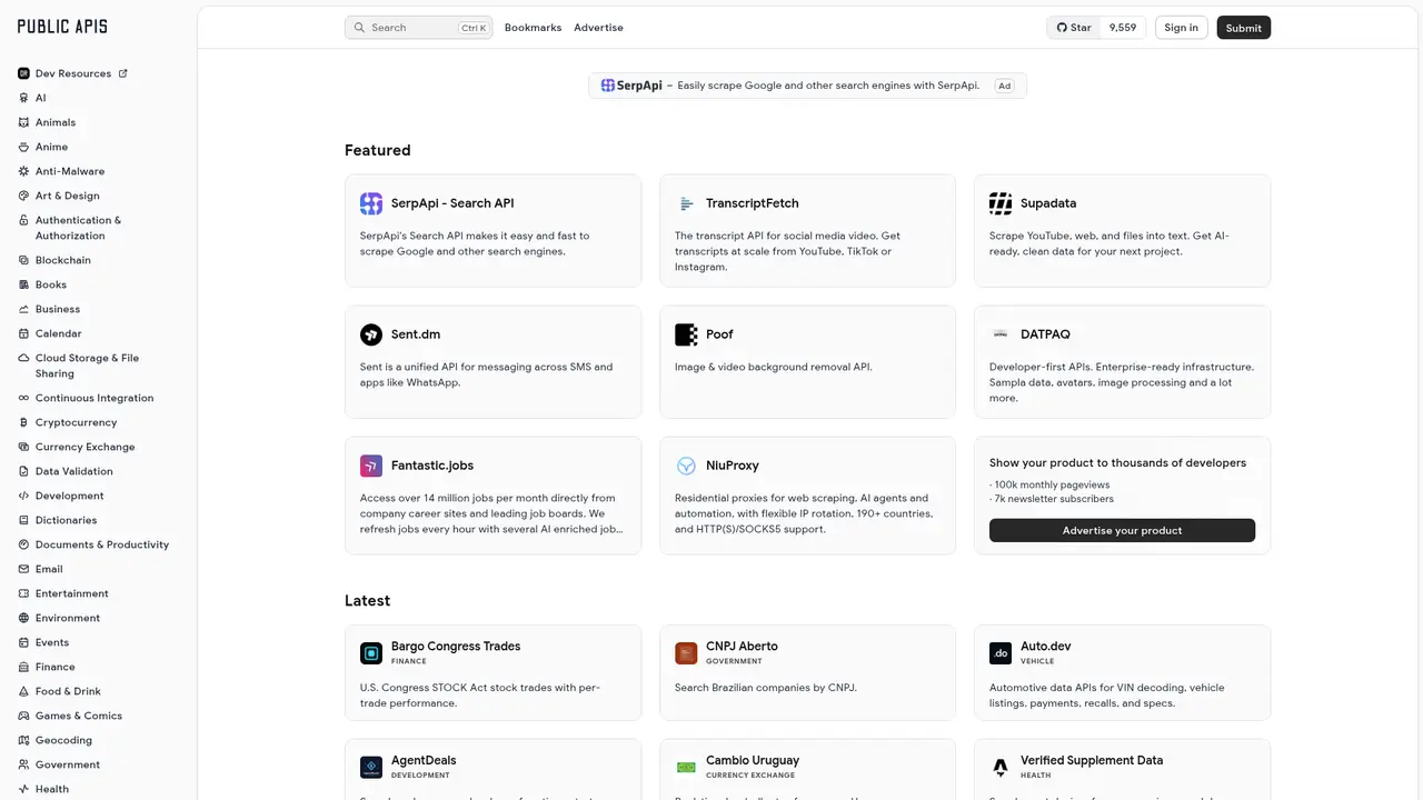 Public APIs For Developers homepage screenshot