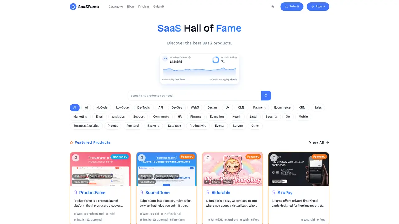 SaaSFame homepage screenshot