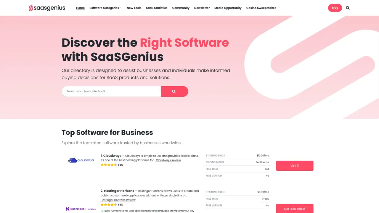 SaasGenius homepage screenshot