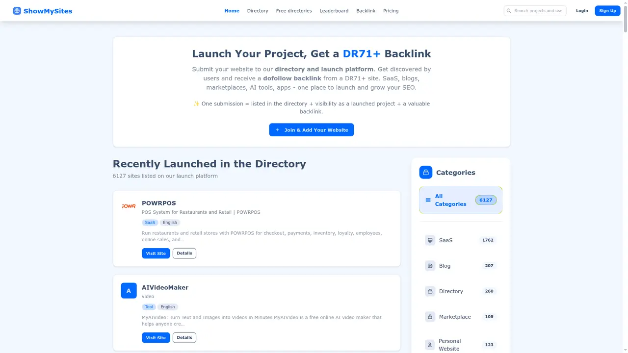 ShowMySites homepage screenshot