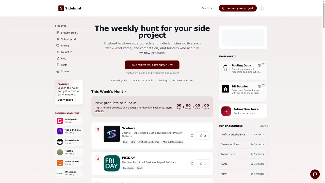 Sidehunt homepage screenshot