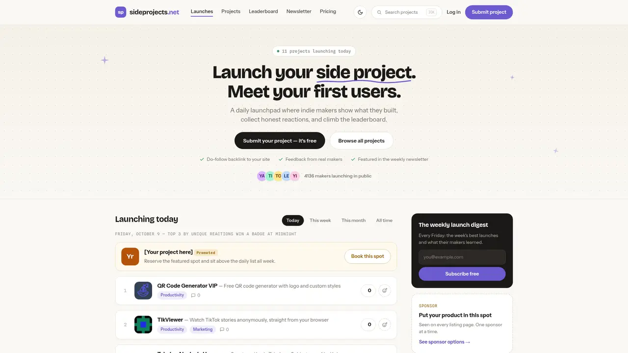sideprojects.net homepage screenshot
