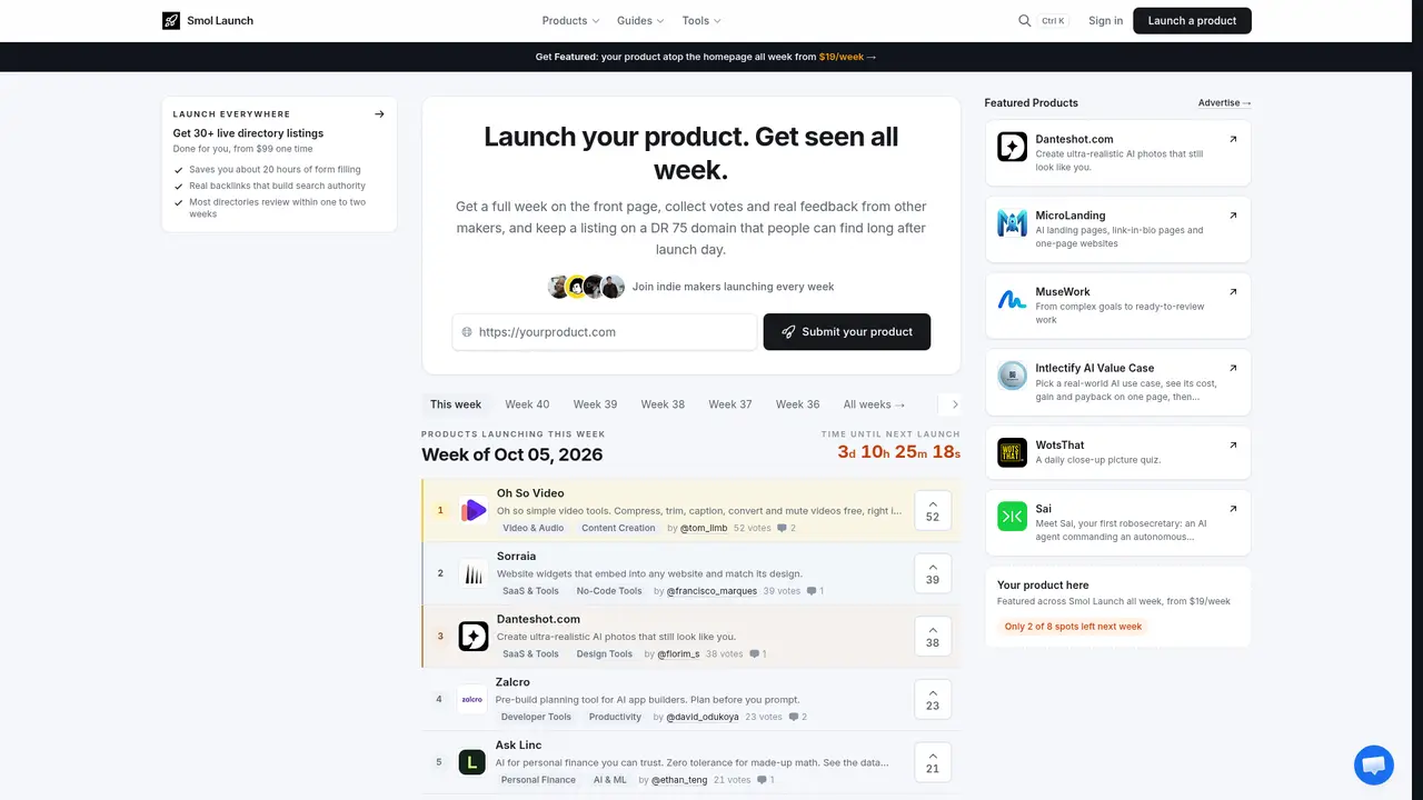 Smol Launch homepage screenshot