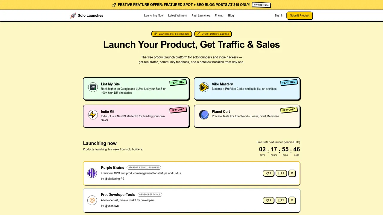 Solo Launches homepage screenshot