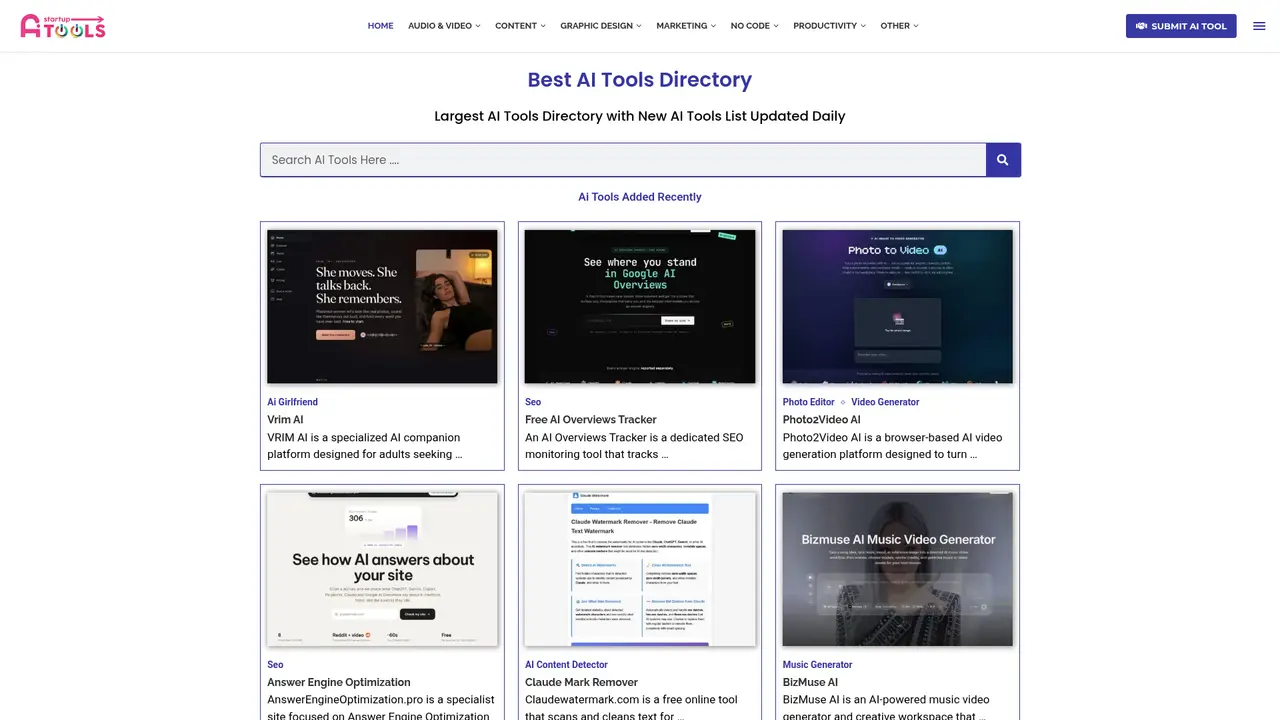 Startup AI Tools homepage screenshot