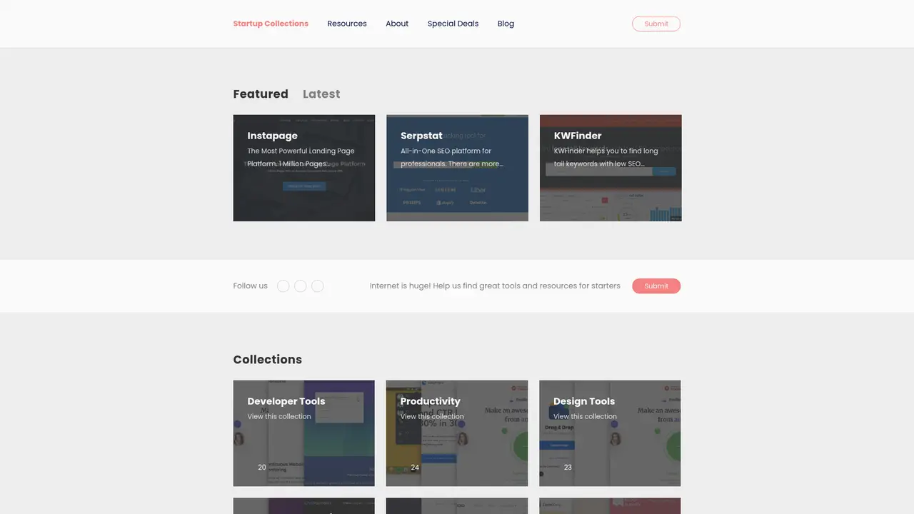 Startup Collections homepage screenshot