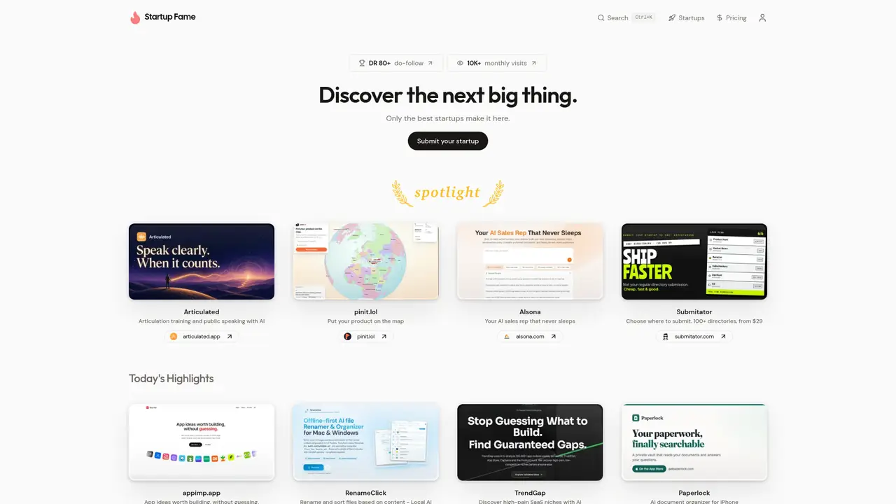 Startup Fame homepage screenshot