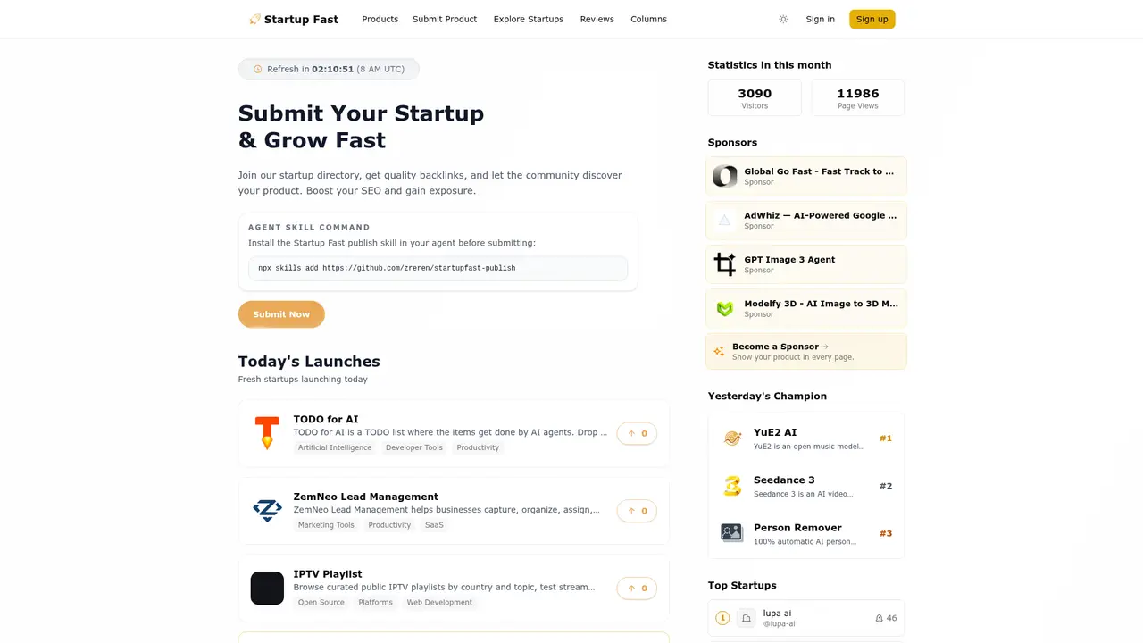 Startup Fast homepage screenshot