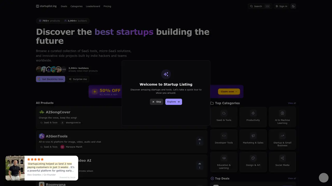 Startup Listing homepage screenshot