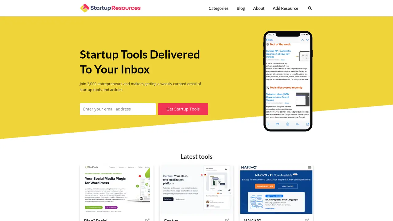 Startup Resources homepage screenshot