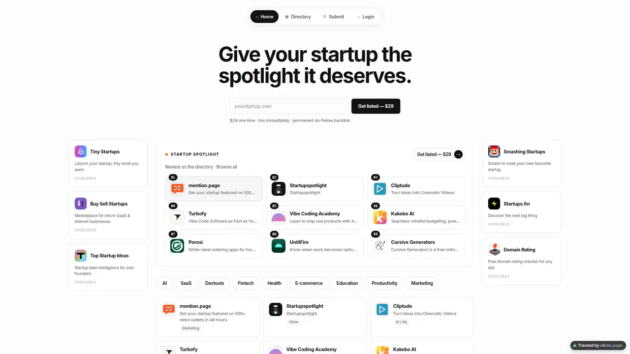 Startup Spotlight homepage screenshot