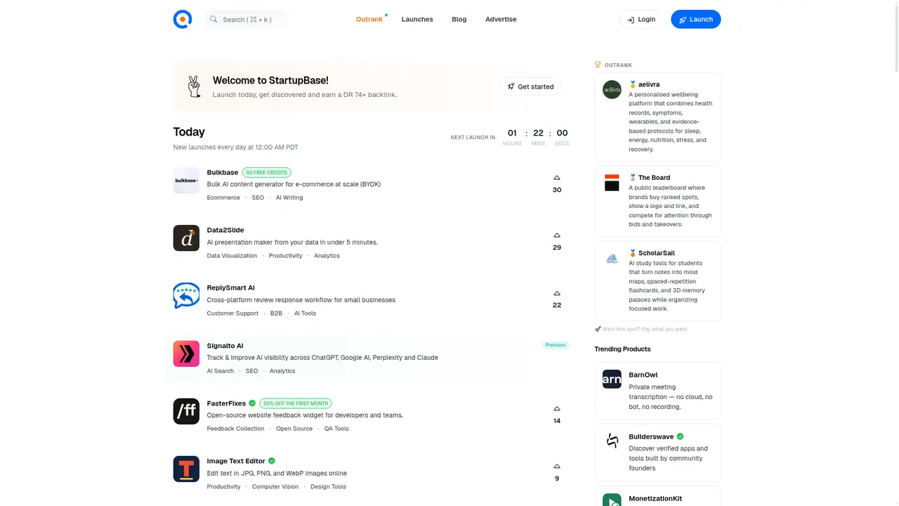 StartupBase homepage screenshot