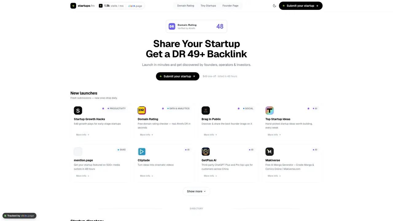 Startups.fm homepage screenshot