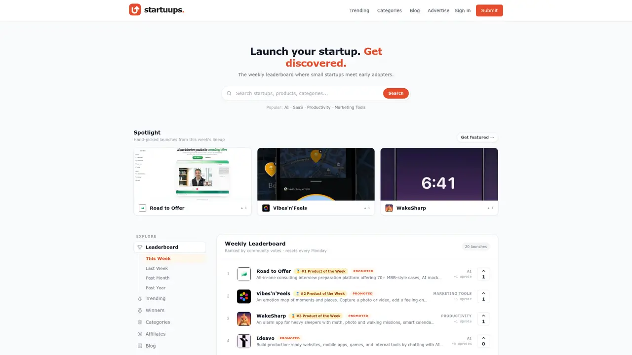 Startuups homepage screenshot