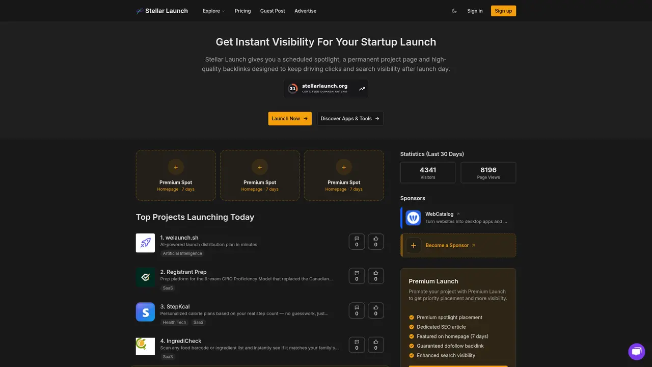 Stellar Launch homepage screenshot