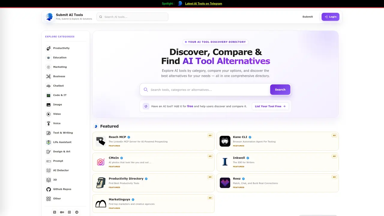 Submit AI Tools homepage screenshot