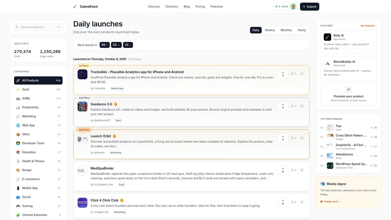 SubmitHunt homepage screenshot