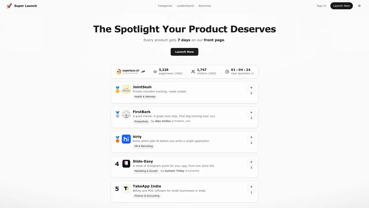 Super Launch homepage screenshot