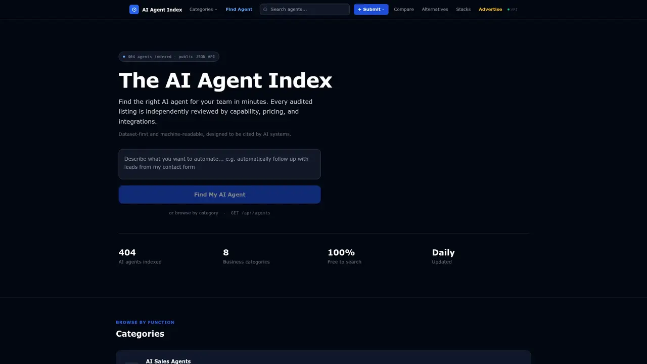 The AI Agent Index homepage screenshot