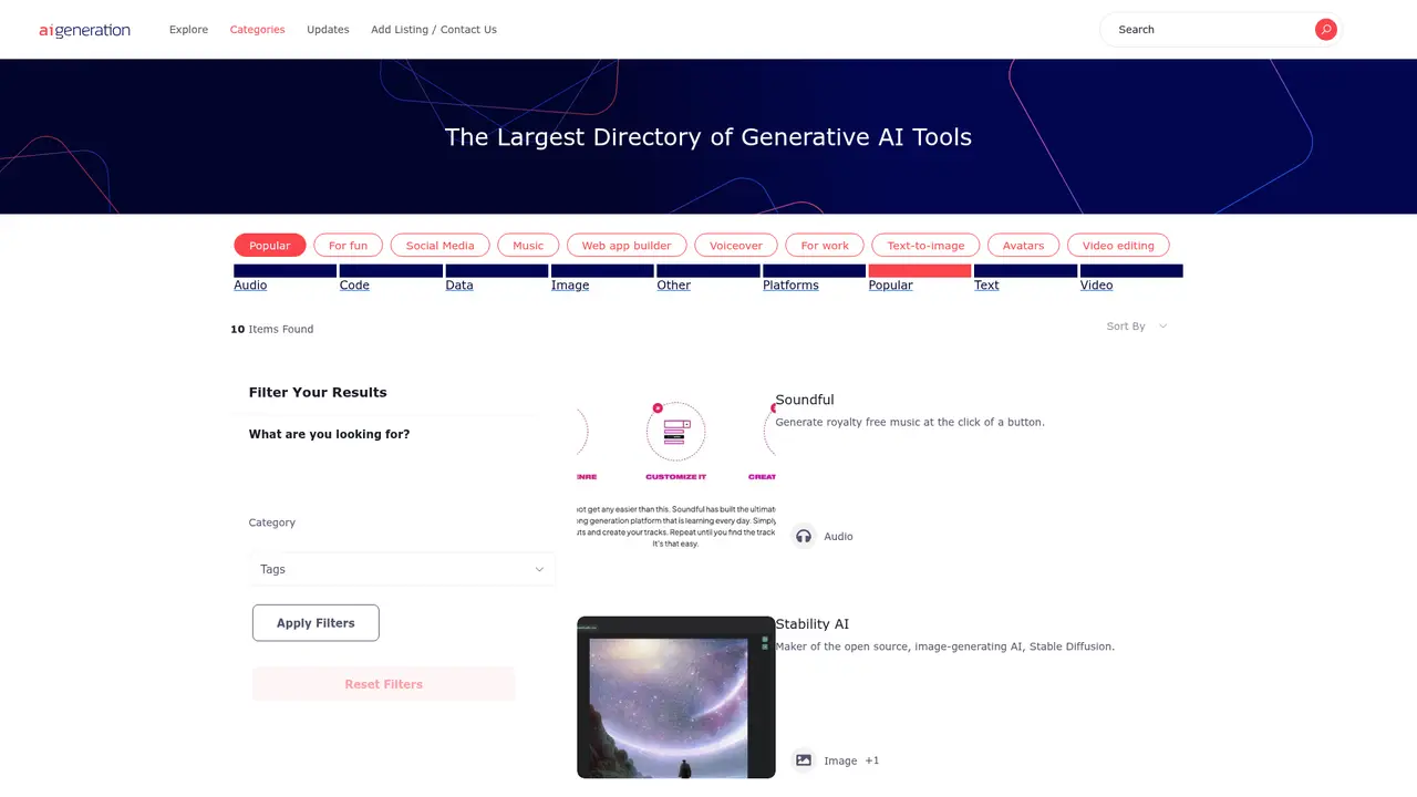 The AI Generation homepage screenshot