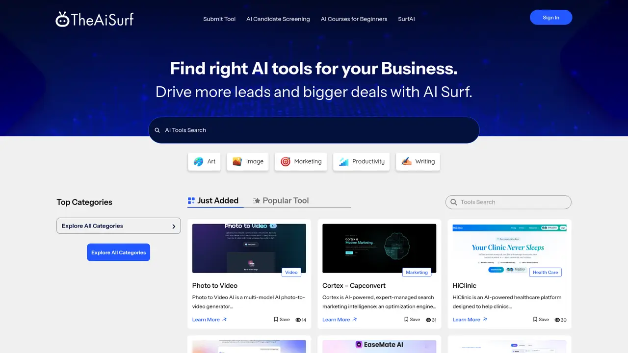 The AI Surf homepage screenshot