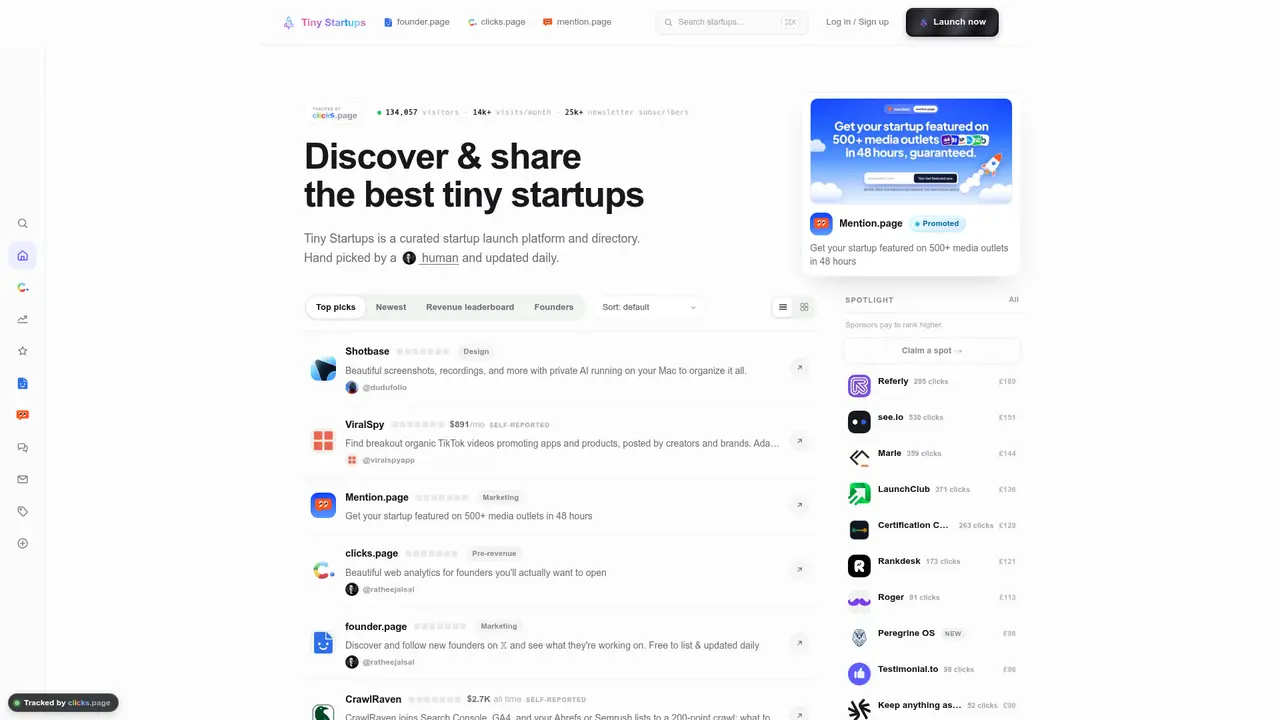 Tiny Startups homepage screenshot