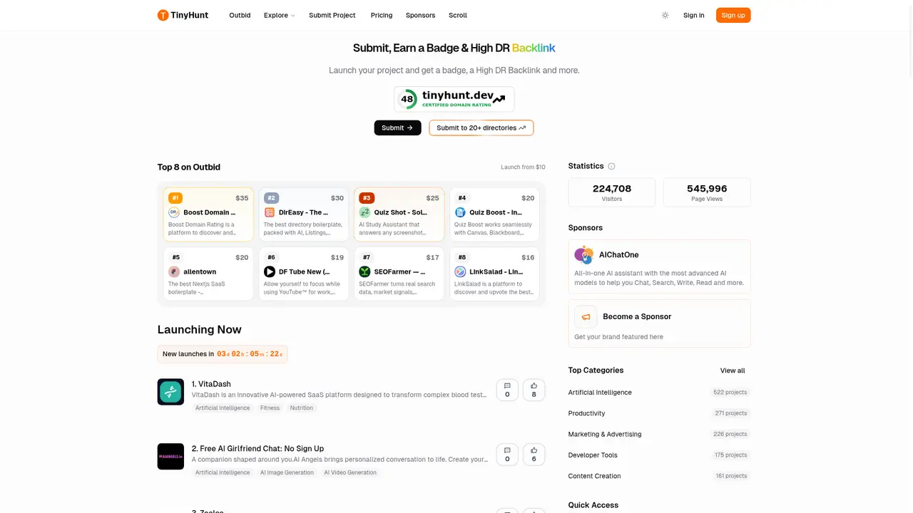 TinyHunt homepage screenshot