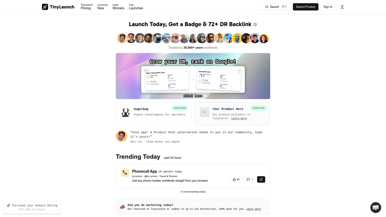 TinyLaunch homepage screenshot