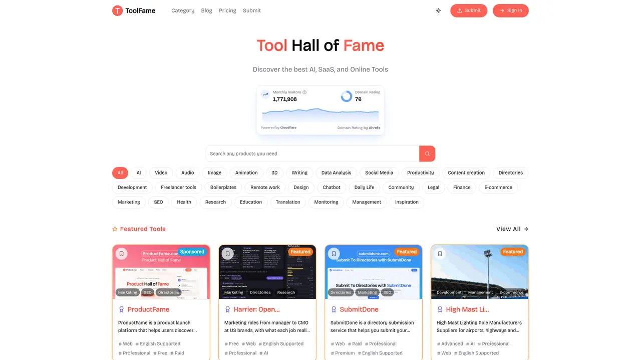ToolFame homepage screenshot