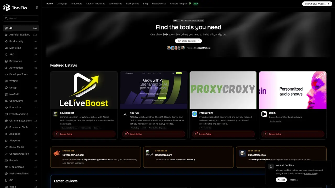 Toolfio homepage screenshot