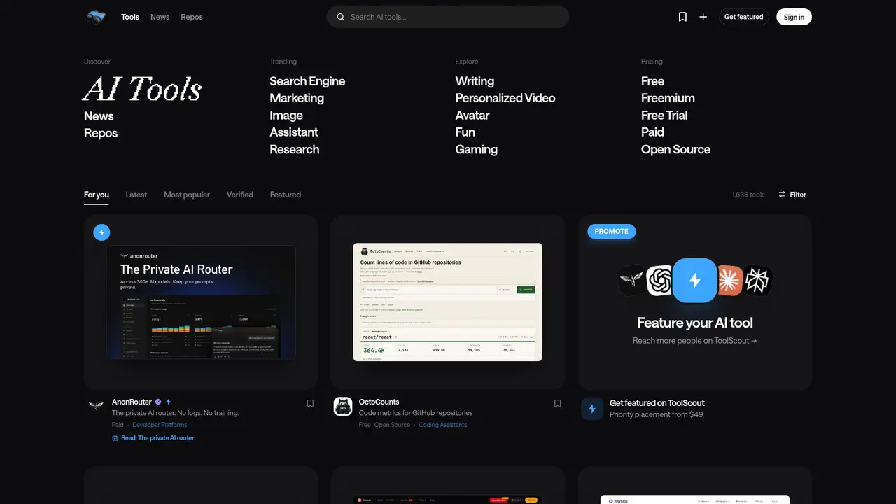 ToolScout homepage screenshot