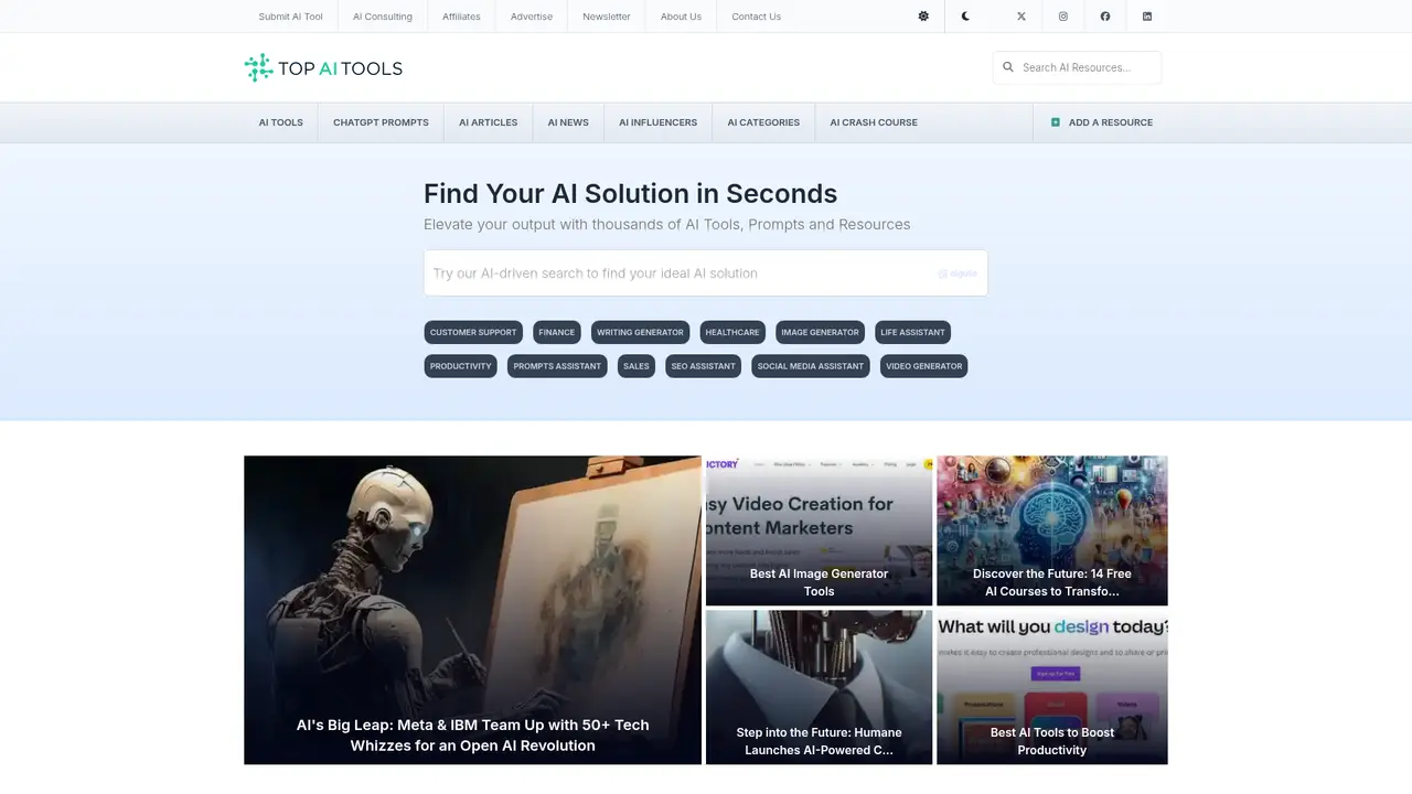 Top AI Tools (topaitools.com) homepage screenshot