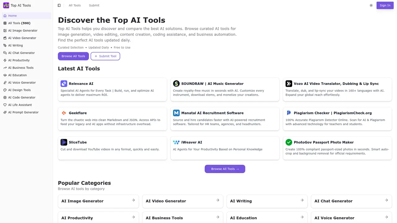 Top AI Tools (topaitools.net) homepage screenshot