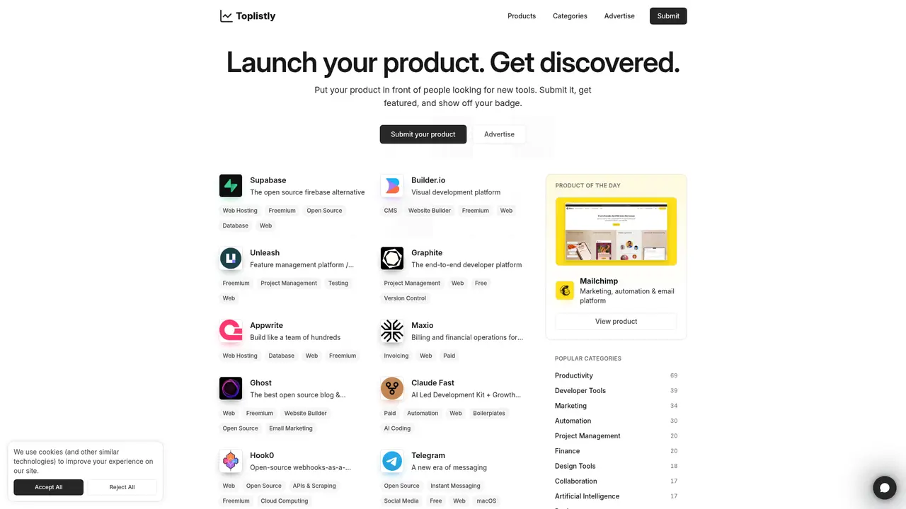 Toplistly homepage screenshot