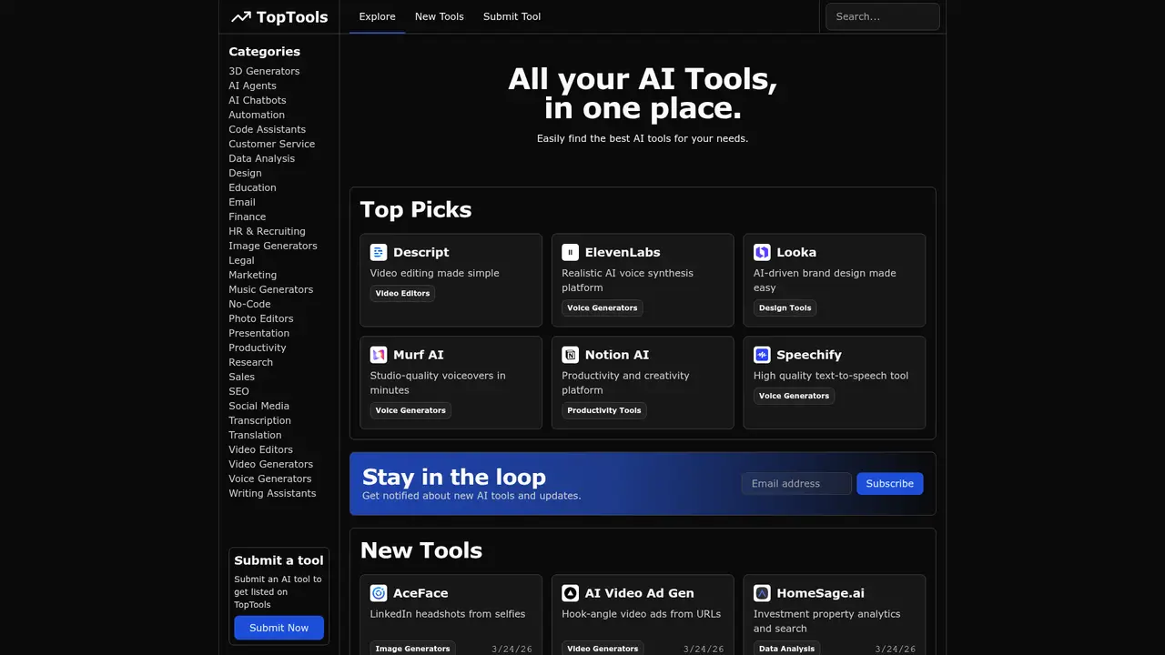 TopTools homepage screenshot