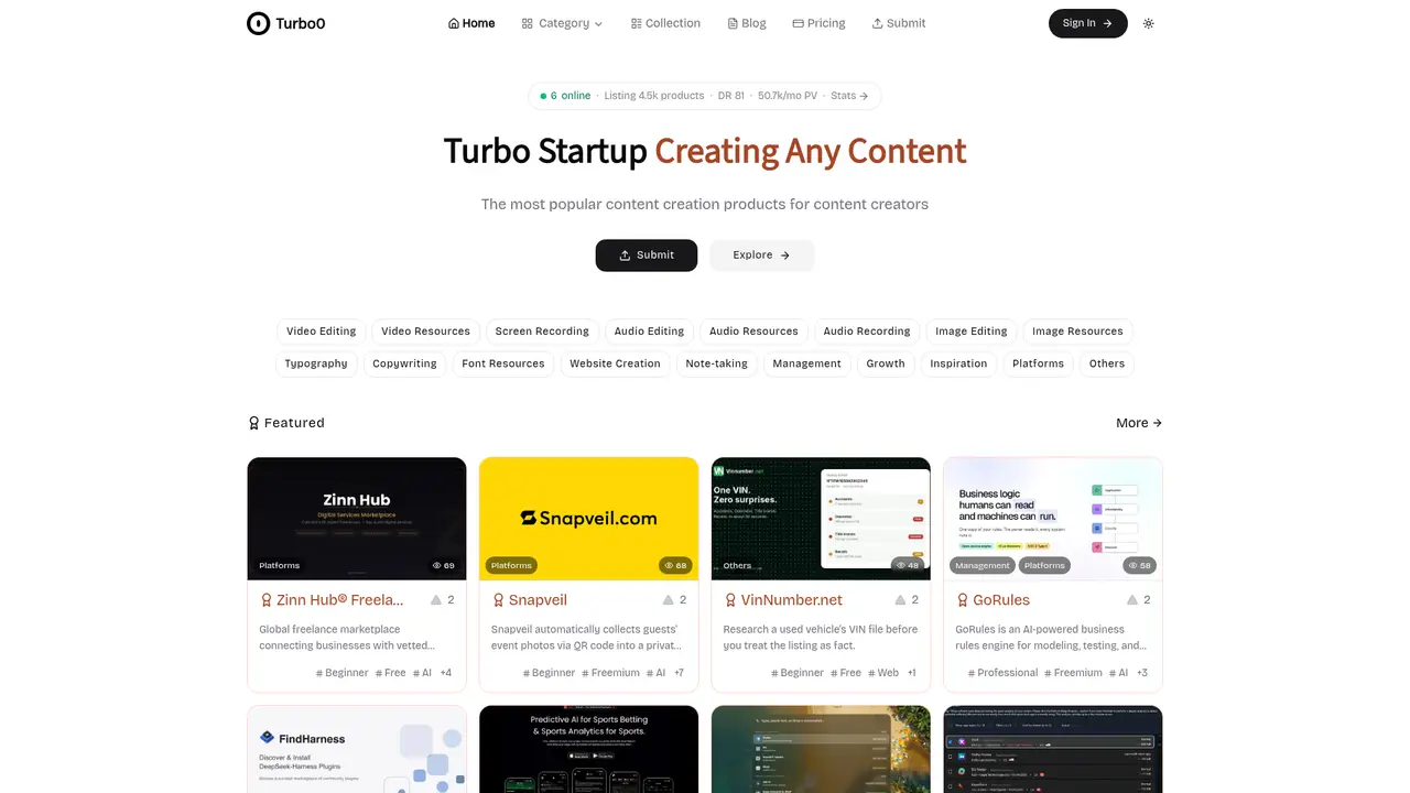 Turbo0 homepage screenshot