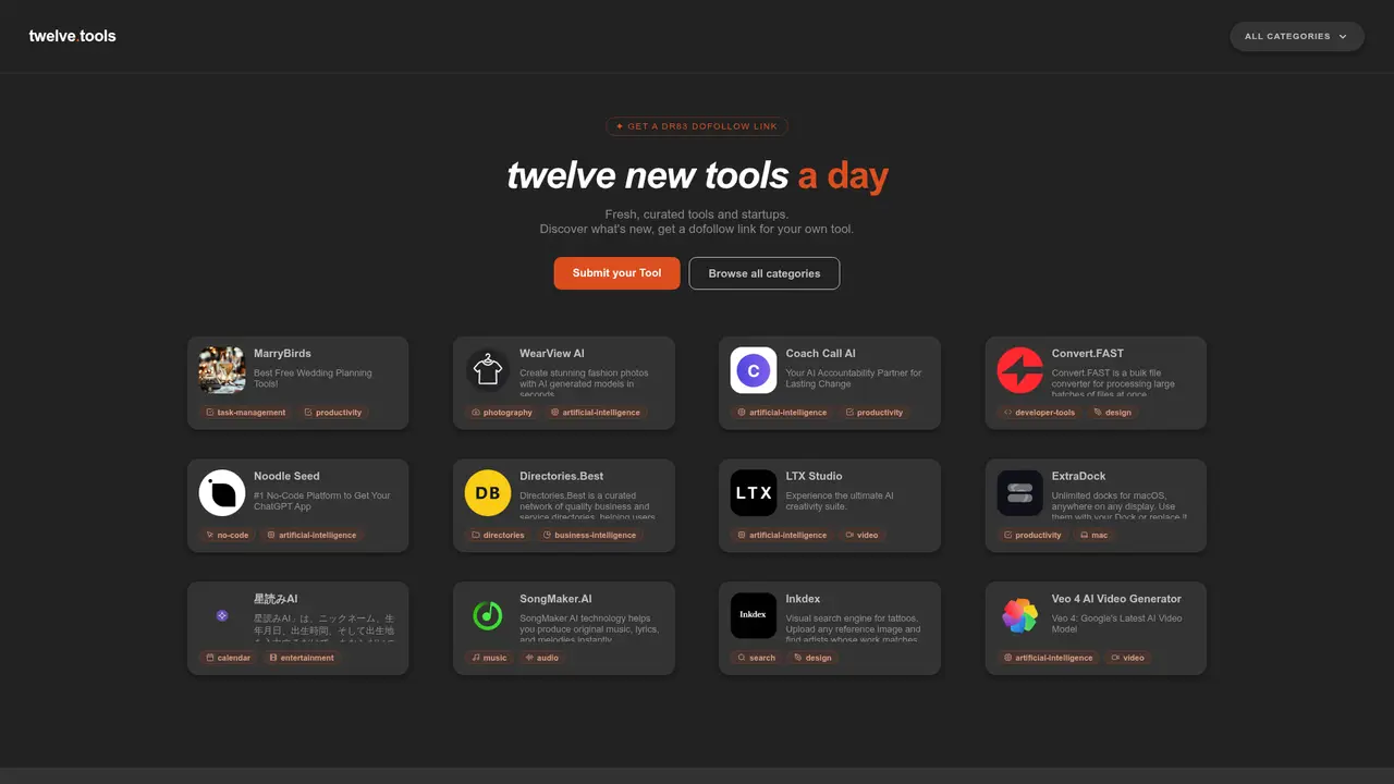 Twelve Tools homepage screenshot