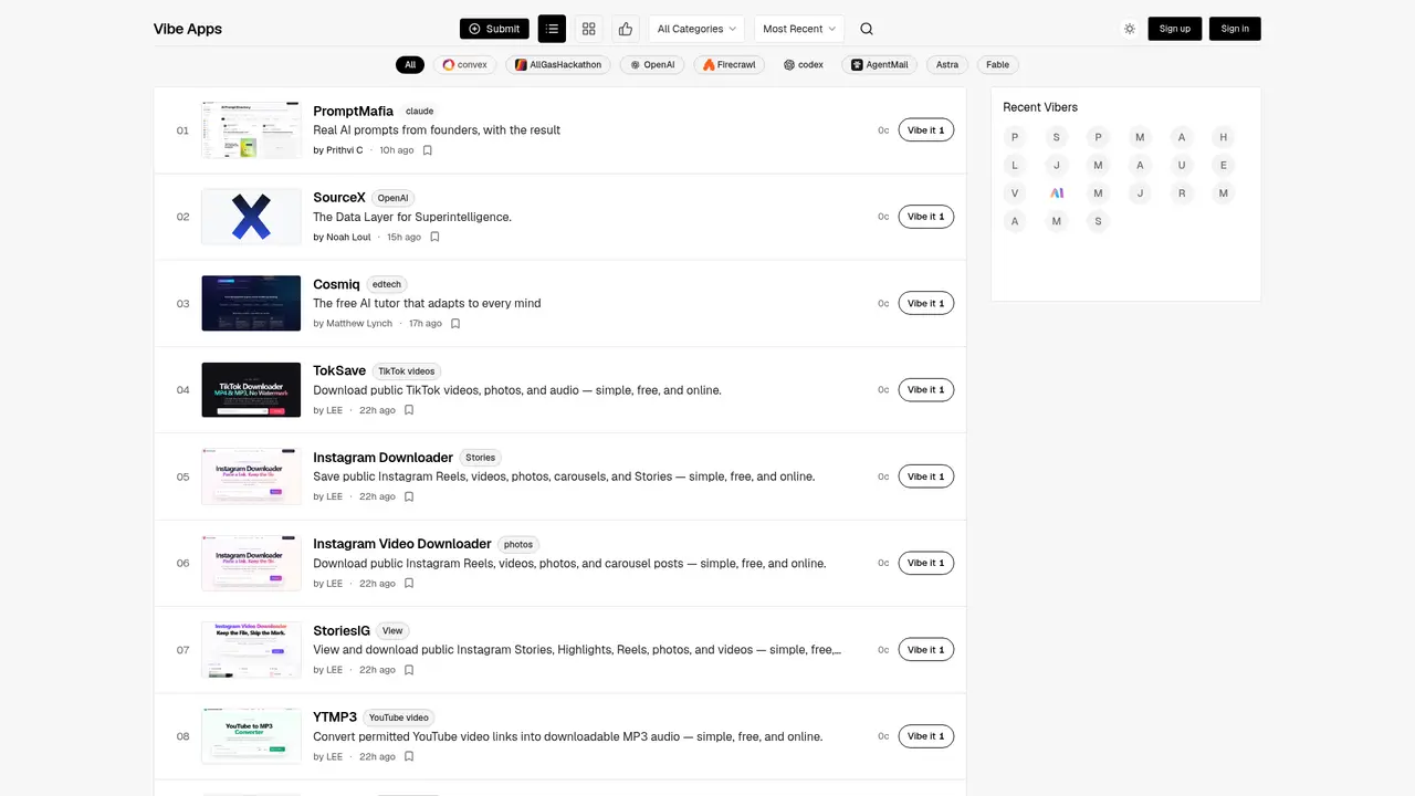 Vibe Apps homepage screenshot