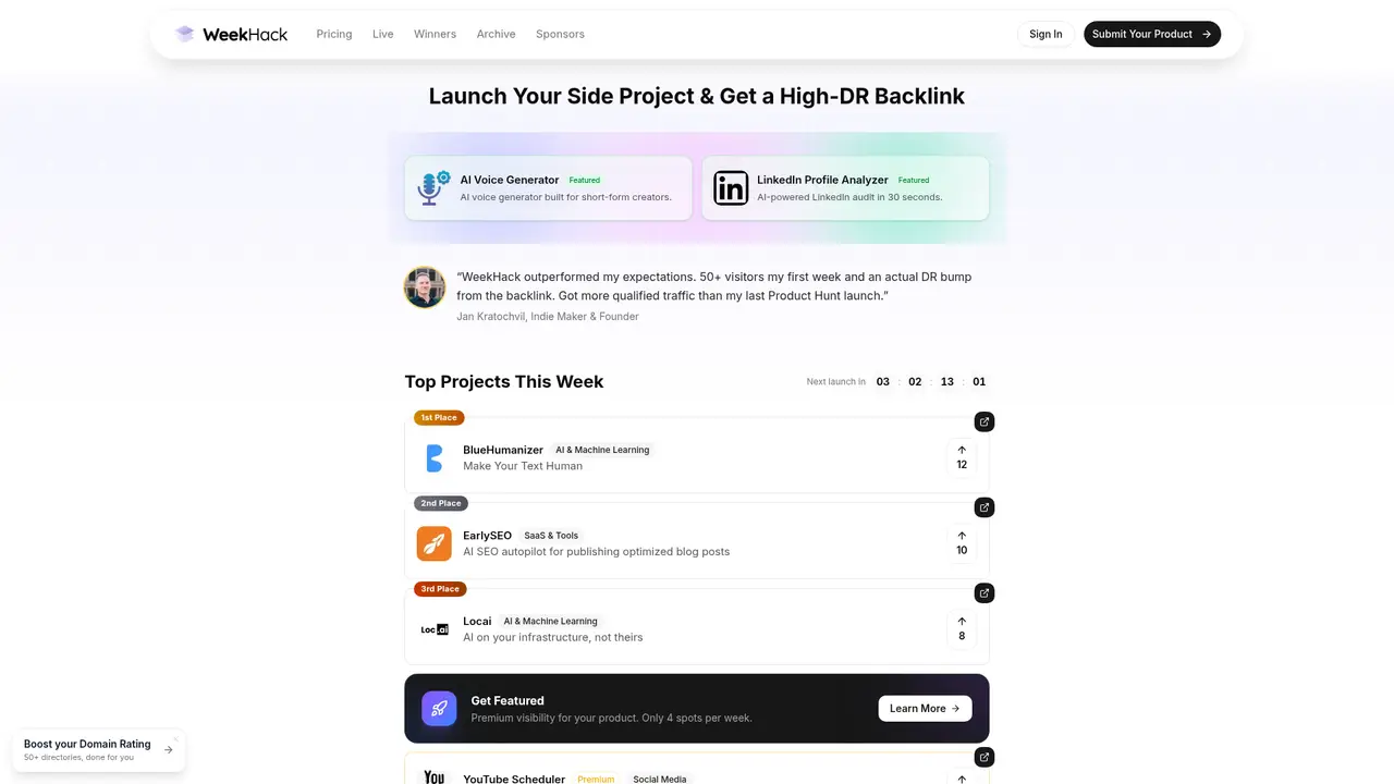 WeekHack homepage screenshot