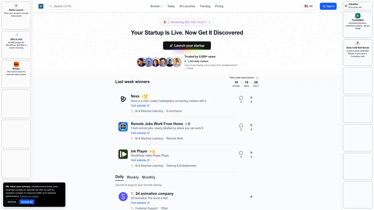 What Launched Today homepage screenshot
