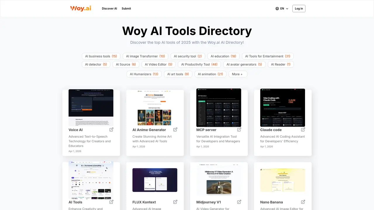 Woy AI Directory homepage screenshot